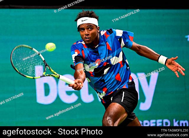 STOCKHOLM 20231019 Elias Ymer in his match against Dino Prizmic (Croatia) during the ATP Nordic Open tennis tournament in the Royal Tennis Hall on Thursday
