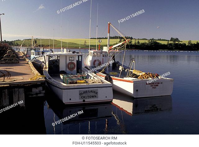 lobster fishing boats, Prince Edward Island, Canada, P.E.I Gulf of St. Lawrence, Fishing boats docked in the harbor of the fishing village of French River on...