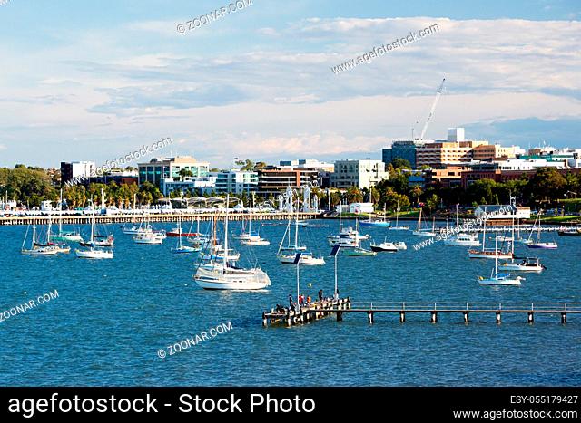 Cunningham Pier and Geelong waterfront on a warm summer#39;s evening in Victoria, Australia