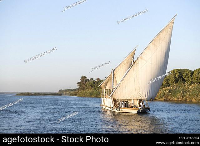 Dahabeah under sail, passenger river boat of the Lazuli fleet, sailing on the Nile river near Aswan, Egypt, northeast Africa