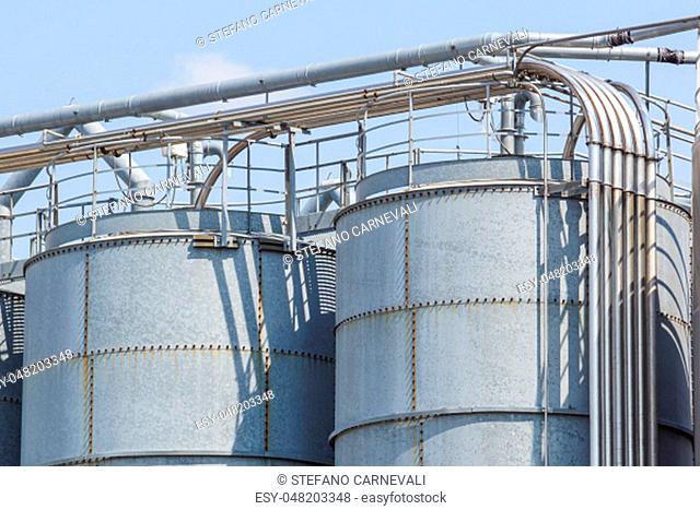 Agricultural Silos. Building Exterior. Storage and drying of grains, wheat, corn soy