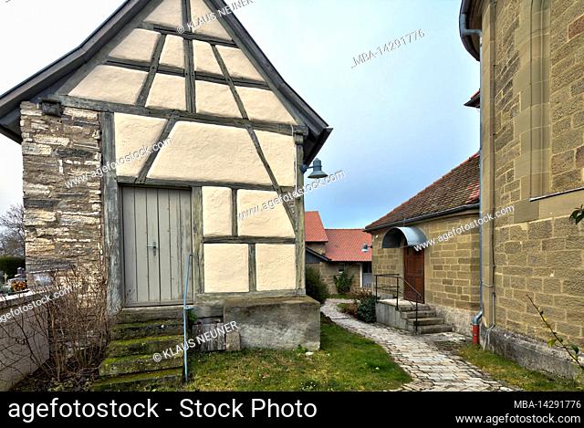 Church castle, gaden, storehouses, former fortified church, house facade, winter, Nenzenheim, Franconia, Germany, Europe