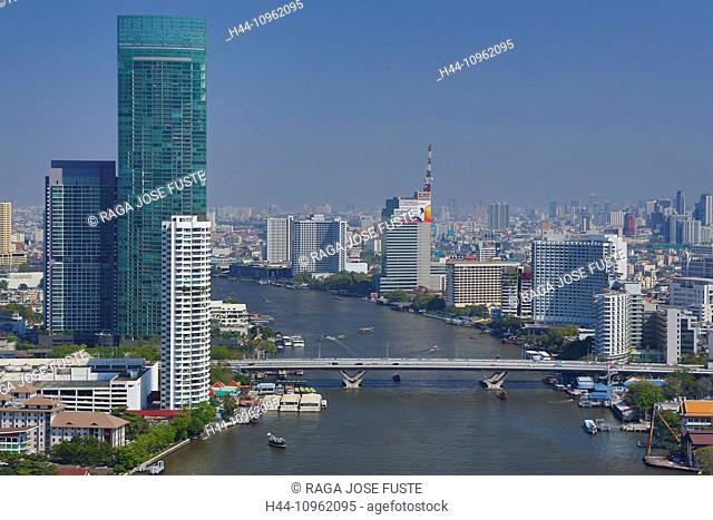 Bangkok, City, Saphan Taksin, Thailand, Asia, boat, bridge, downtown, river, river tower, skyline, state tower, touristic, travel