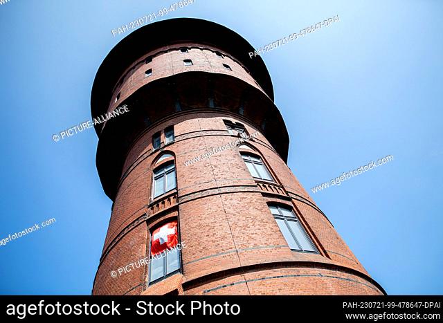 PRODUCTION - 22 June 2023, Lower Saxony, Cuxhaven: The historic water tower is located in the city center. The 48-meter-high water tower is to be converted into...