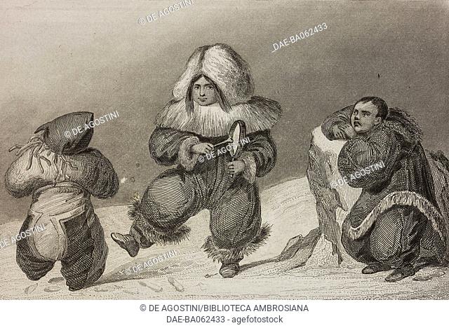 Eskimo children dancing in traditional costumes, circumpolar regions, engraving by Vernier from Chili, Paraguay, Buenos-Ayres, by Cesar Famin, Patagonia
