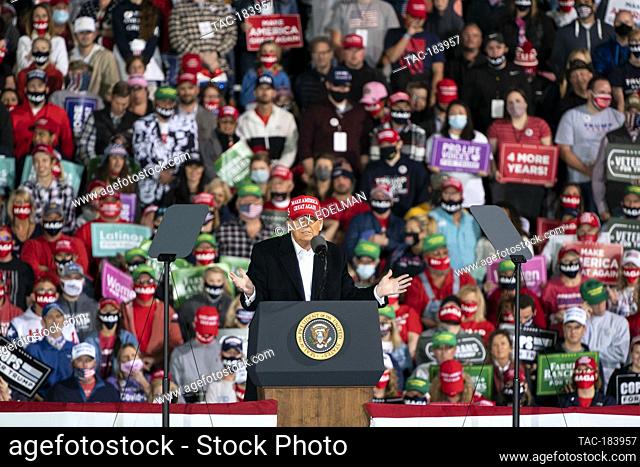 US President Donald Trump speaks during a Make America Great Again campaign event at Des Moines International Airport on October 14, 2020 in Des Moines, Iowa