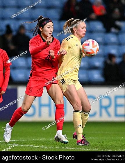 Seoyeon Shim (4) of Korea Republic and Sarah Wijnants (5) of Belgium pictured fighting for the ball during a friendly women soccer game between the national...