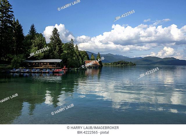 Boathouse on Walchensee lake, reflections in the water, clouds, at Einsiedl, Upper Bavaria, Bavaria, Germany