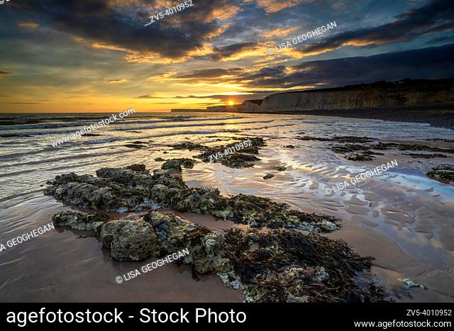 The Seven Sisters at Birling Gap during sunset, Eastbourne, East Sussex, England, Uk, Gb