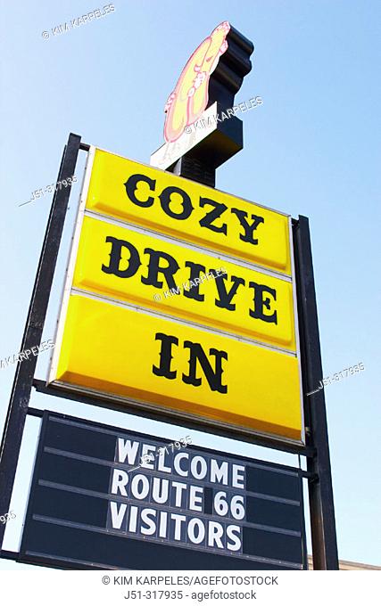 Cozy Dog Drive Inn on Route 66, open since 1949, hot dogs on a stick originated here, sign welcoming visitors. Springfield. Illinois, USA