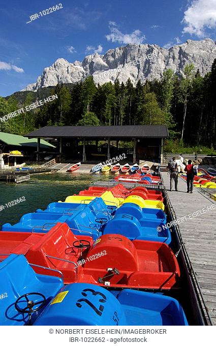 Boats for rent on Lake Eibsee, Mount Zugspitze, Bavaria, Germany, Europe
