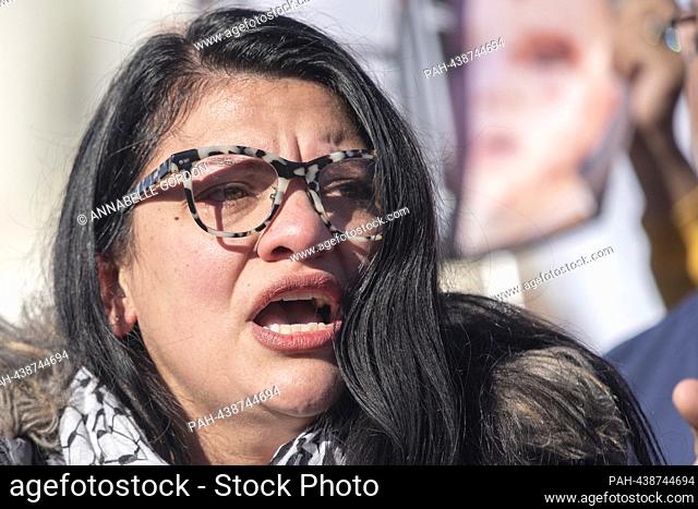 United States Representative Rashida Tlaib (Democrat of Michigan) cries while speaking at a press conference with activists calling for a ceasefire in Gaza at...
