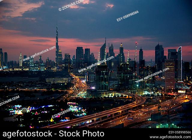 DUBAI - NOVEMBER 15: Downtown Dubai at violet spectacular nice sunset. View from Dubai Golden Frame, November 15, 2019, UAE