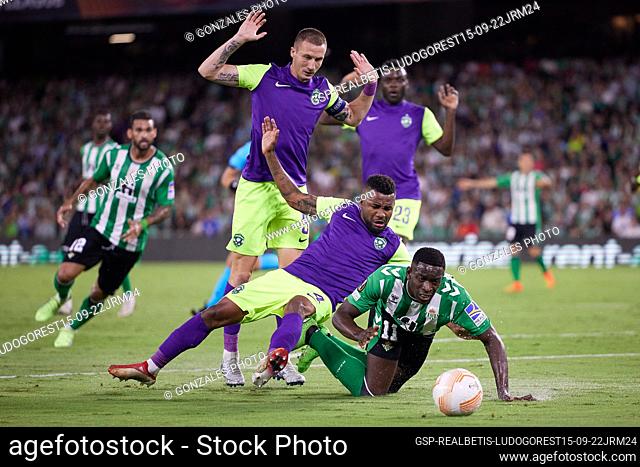 Seville, Spain. 15h, September 2022. Luiz Henrique (11) of Real Betis and Cicinho (4) of Ludogorets seen during the UEFA Europa League match between Real Betis...