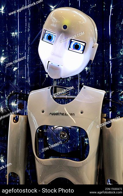 Fotomontage, der humanoide Roboter RoboThespian mit weltallaehnlichen Strukturen, Dortmund, Deutschland, Europa