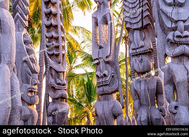 Religious statues of Hawaii#39;s native polynesian people in Puauhonua o Honaunau National Historical Park on Big Island, Hawaii