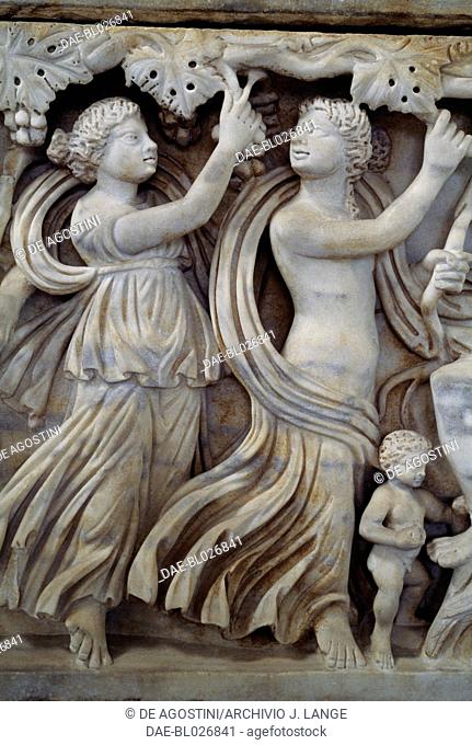 Marble sarcophagus with bas-relief depicting a Dionysian scene, detail. Roman civilisation, 3rd century AD.  Rome, Museo Nazionale Romano (National Roman Museum