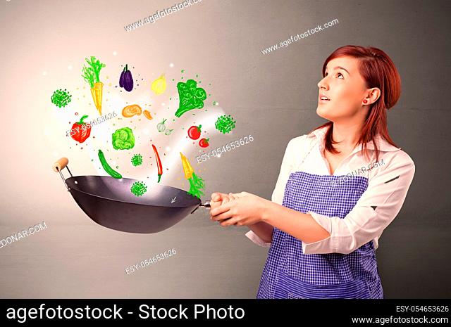 Cooking with colourful drawn vegetables on grunge background