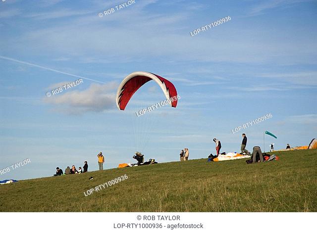 England, West Sussex, Devil's Dyke, Paragliders preparing to fly on Devil's Dyke