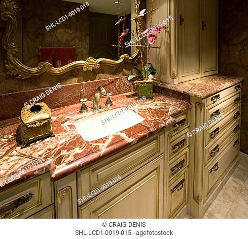Red Marble Countertop In Bathroom Stock, Red Marble Kitchen Countertops
