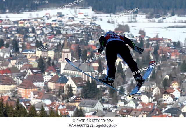 Jurij Tepes from Slovenia in action during practice for the Large Hill Singles at the Ski Jumping World Cup in Titisee-Neustadt, Germany, 11 March 2016