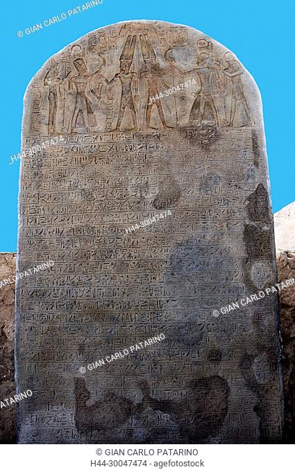 Luxor, Egypt. Temple of Merenptah (Baenra Meriamon) XIX° dyn. son of Ramses II the Great: a stele of the king Nebmaatra Sethi I