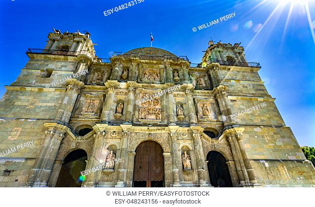 Sun Facade Statues Towers Our Lady of Assumption Cathedral Church Oaxaca Juarez Mexico. Construction started 1533