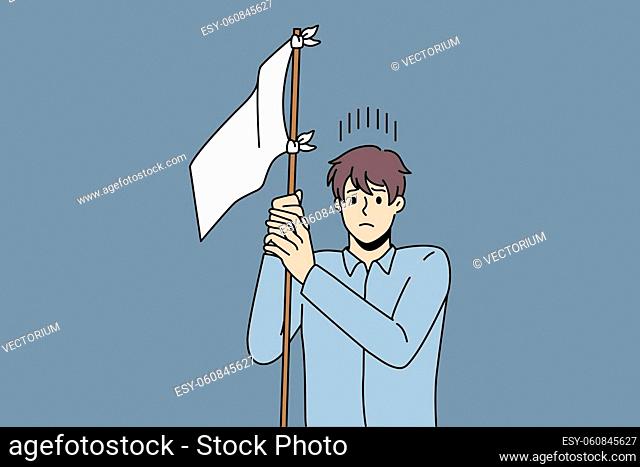 Frustration and lost strategy in business. Young thinking businessman with frustrated face standing and holding white flag on stick trying to orient in market...