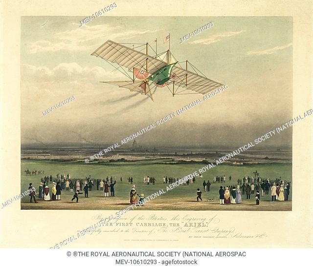 The Aerial Steam Carriage, or Ariel. An artist's imaginary representation of a propeller-driven flying machine with wings