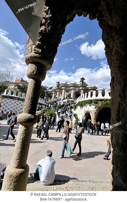 Park Güell  Garden complex with architectural elements situated on the hill of el Carmel  Designed by the Catalan architect Antoni Gaudí and built in the years...