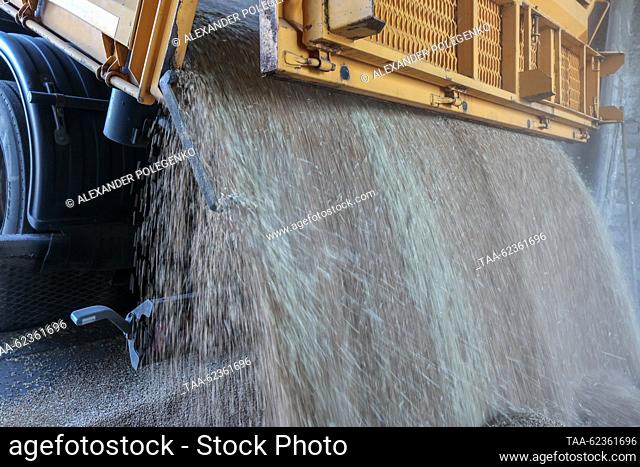 RUSSIA, ZAPOROZHYE REGION - SEPTEMBER 19, 2023: Unloading harvested crops at an elevator of the State Grain Elevator. Farmers bring crops that undergo several...