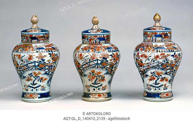 Garniture of Three Vases; Unknown; 1700 - 1750; Hard-paste porcelain with enamel and gilded decoration; Various, see extensions
