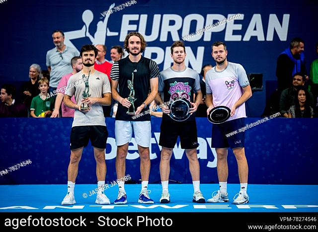 Greek Petros Tsitsipas, Greek Stefanos Tsitsipas, Ariel Behar and Adam Pavlasek poses for the photographer after the doubles final match between the brothers...