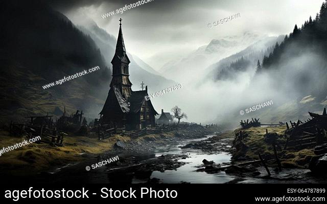 Step into a realm of mystique as heavy fog blankets a serene valley. In this captivating scene, only the top of the church tower emerges from the thick fog