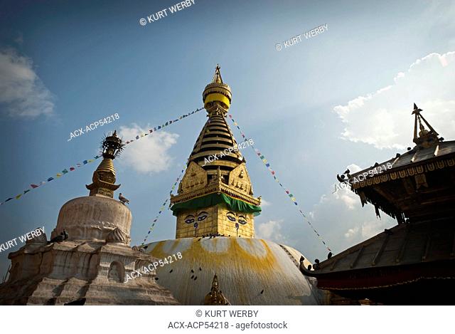 The stupa of Swayambhunath sits above the capital city of Kathmandu, Nepal