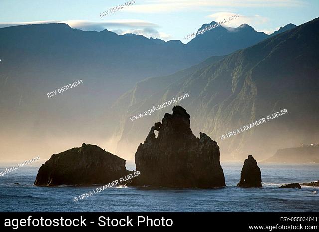 the Landscape on the coast betwen the Town Porto Moniz and Ribeira da janela on the Island of Madeira in the Atlantic Ocean of Portugal