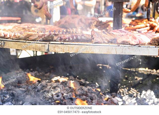 medieval barbecue with sausages, octopus, meat, ribs and all kinds of traditional foods in Spain
