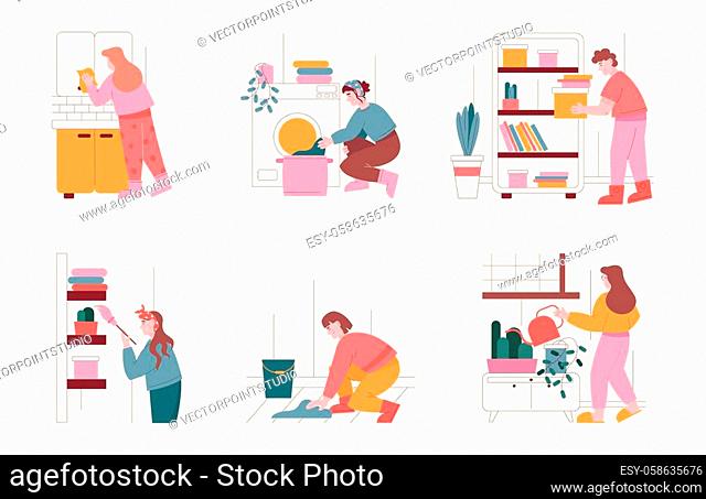 Man and woman characters clean home and do household work. Vector illustration set of people cleaning house, dusting, washing clothes