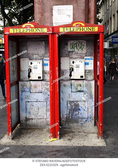 old ruined telephone box in Brixton - London, England