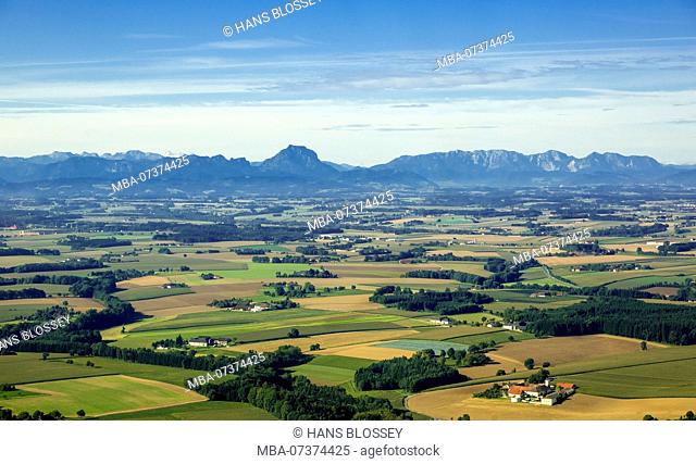 Aerial view, Alpine foothills with green meadows, Dietach, Upper Austria, Austria