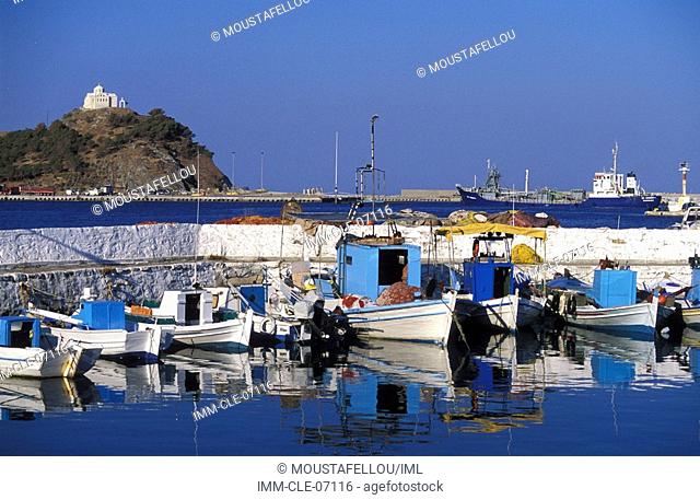 Fishing boats, church, Myrina , Lemnos, Northeastern Aegean, Greece