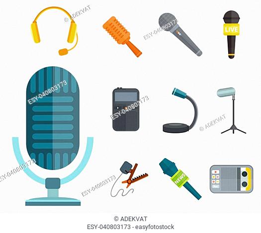 microphones types vector icons. Journalist microphone, interview music studio Web broadcasting, vocal, tv show isolated white background, pair of earphones