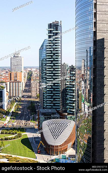 Unicredit Pavilion and Solaria Tower in the background. Milan (Italy), August 26th, 2021