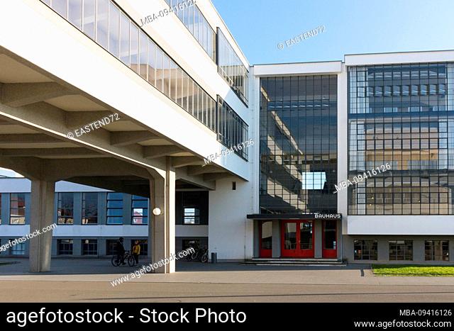 Germany, Saxony-Anhalt, Dessau, main entrance to the Bauhaus, 100 years Bauhaus Dessau