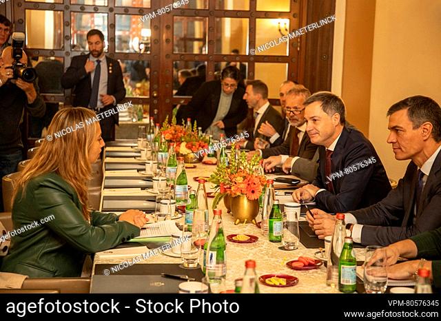 Prime Minister Alexander De Croo and Prime Minister of Spain Pedro Sanchez talk to Expert on international law professor Cochav Elkayam-Levy (L) during a...