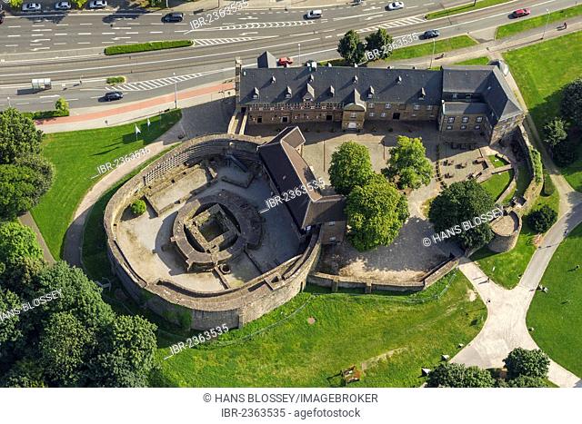 Aerial view, Broich castle ruins and Broich castle, Muelheim an der Ruhr, Ruhr region, North Rhine-Westphalia, Germany, Europe