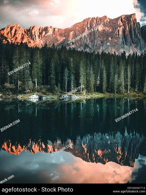 bleu lake in the dolomites Italy, Carezza lake Lago di Carezza, Karersee with Mount Latemar, Bolzano province, South tyrol, Italy