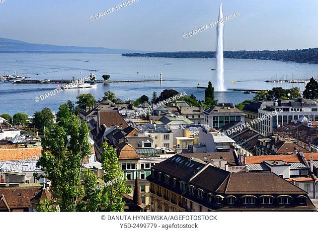 Europe, Switzerland, Geneva, panoramic view for the town, Geneva Lake and famous fountain Jet d'Eau, on left one of many stemboats running on the lake