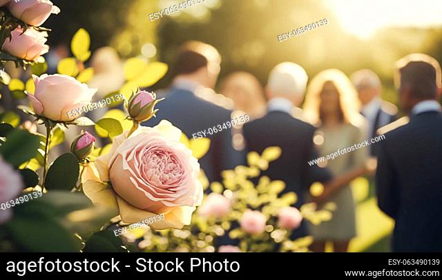 Wedding guests celebrating at a beautiful outdoor venue on a sunny day, luxury wedding decoration idea and decor inspiration with flowers