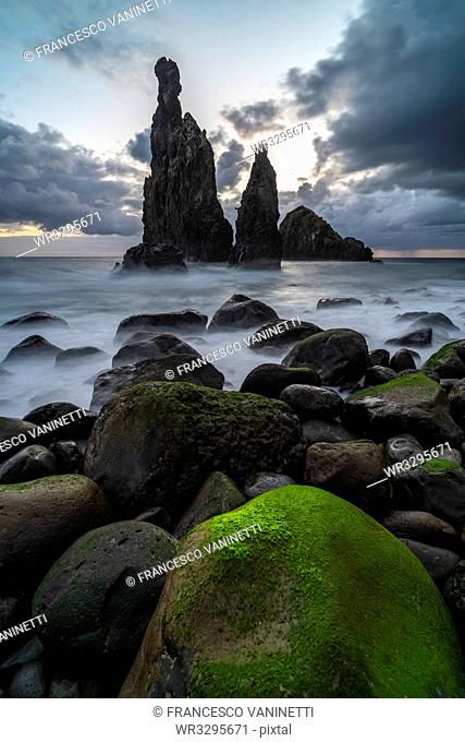 Rib and Janela islets at dusk, Porto Moniz, Madeira, Portugal, Atlantic, Europe